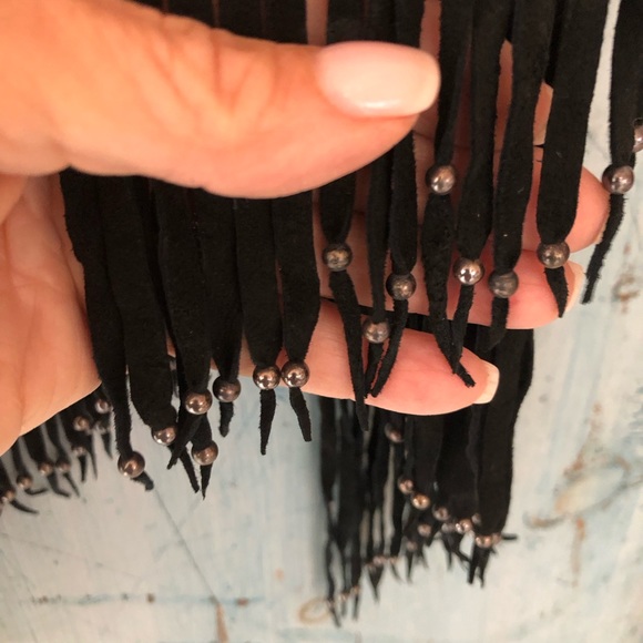 Black suede fringed wrap with silver beads made in the USA; dress it up or down - Picture 5 of 13